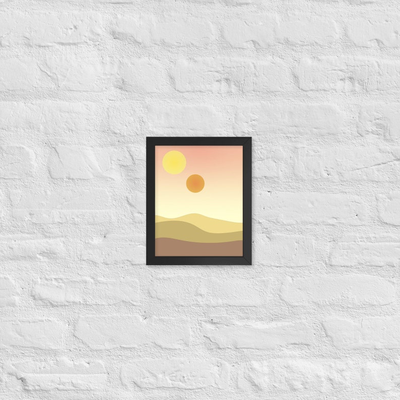 minimalist binary sunset inspired by star wars on a white brick wall
