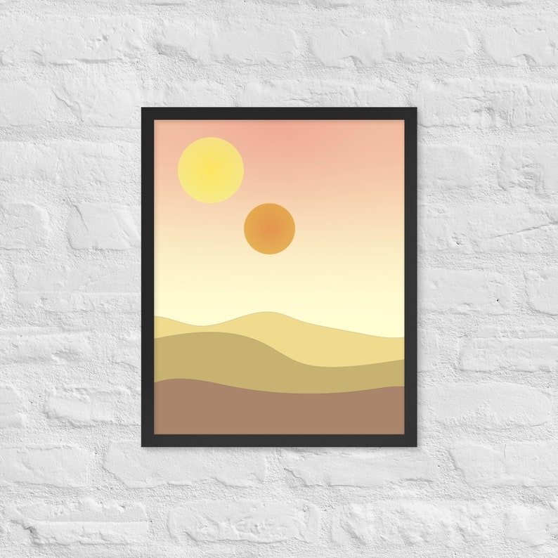 minimalist binary sunset inspired by star wars on a white brick wall