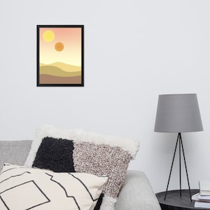 May include: A digital illustration of a desert landscape with two suns in the sky. The suns are yellow and orange, and the desert is a mix of brown and beige.