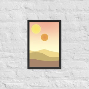 minimalist binary sunset inspired by star wars on a white brick wall