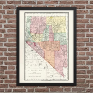 Carte du Nevada: vintage 1893 Nevada Map Print - Affiche de carte antique du Nevada