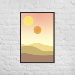 minimalist binary sunset inspired by star wars on a white brick wall