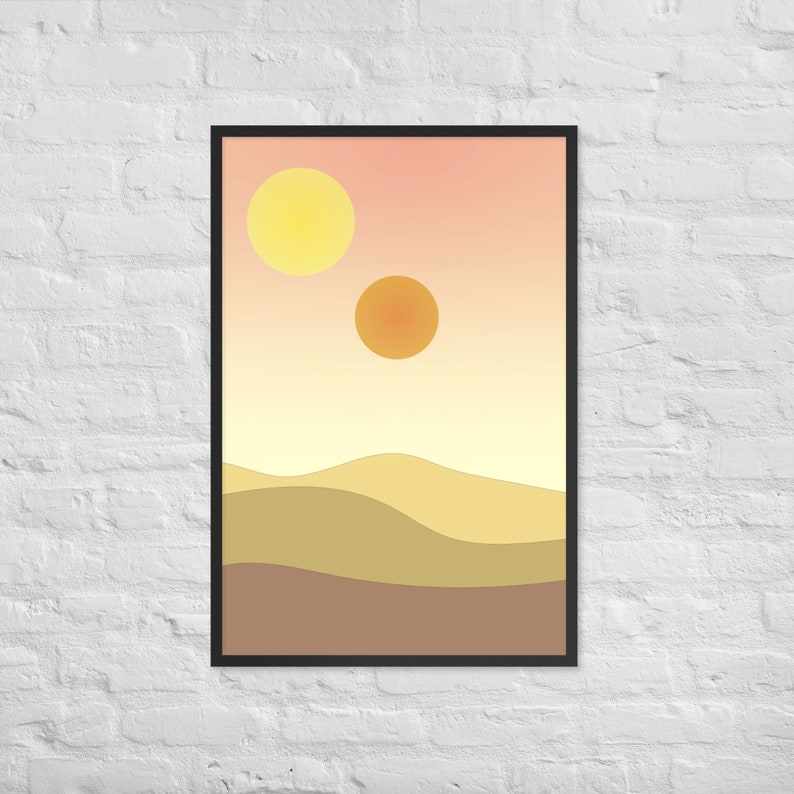 minimalist binary sunset inspired by star wars on a white brick wall