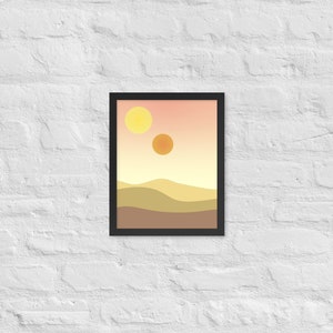 minimalist binary sunset inspired by star wars on a white brick wall