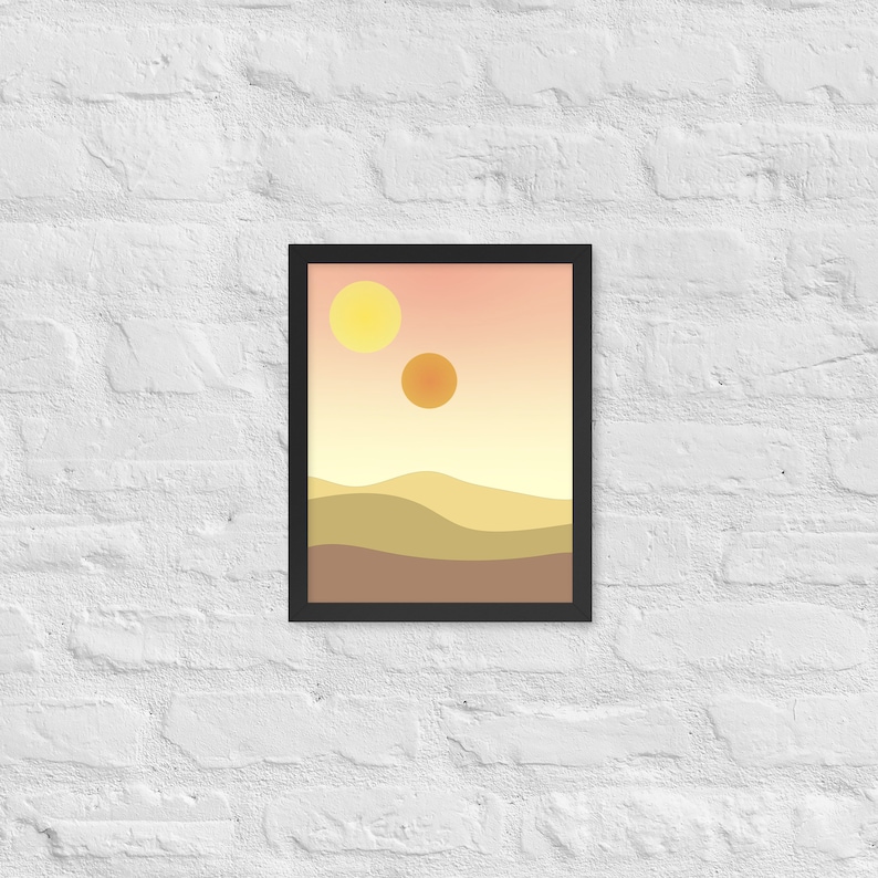 minimalist binary sunset inspired by star wars on a white brick wall