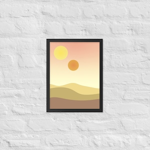 minimalist binary sunset inspired by star wars on a white brick wall