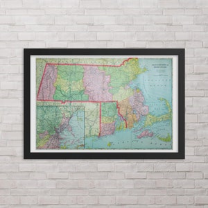 Carte du Massachusetts et du Rhode Island: impression de carte vintage 1907 du Massachusetts et du Rhode Island - Affiche de carte antique du Massachusetts et du Rhode Island