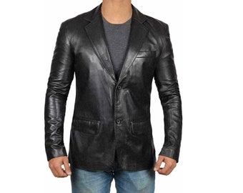 Mens Genuine Lambskin Leather Blazer Jacket Coat Two Button Black Slim Fit Coat