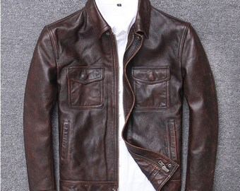 Men Vintage Dark Brown Distressed Leather Jacket Biker Style Real Leather Jacket