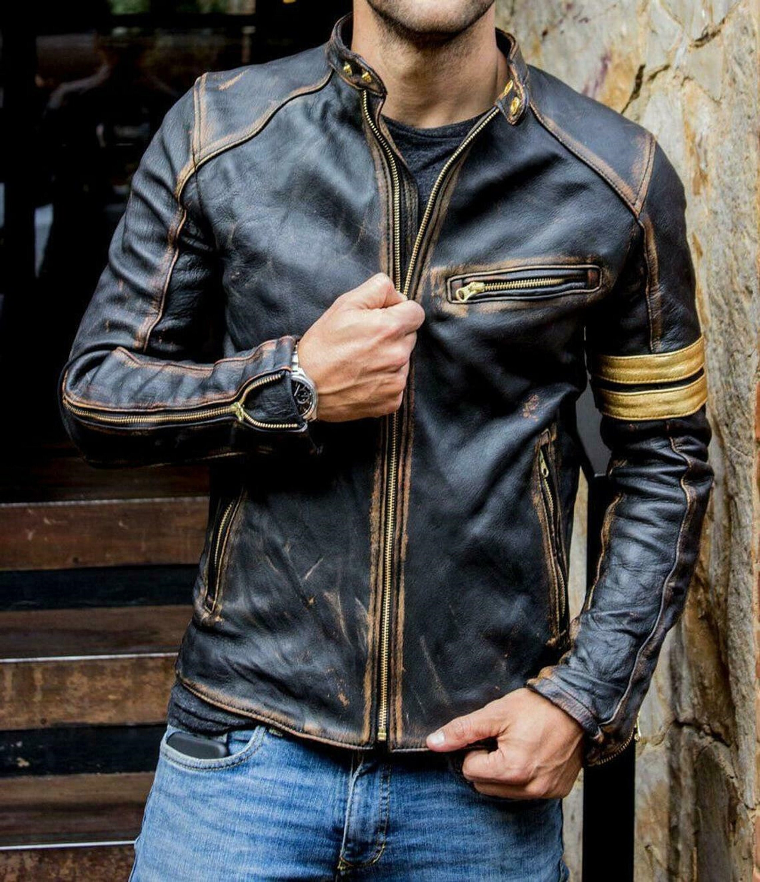 Mens cafe racer leather biker jacket sale