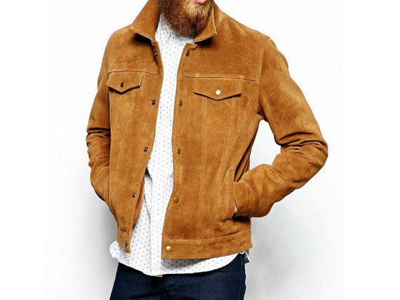 Mens Tan Suede Genuine Leather Button-up Jacket Trucker Vintage