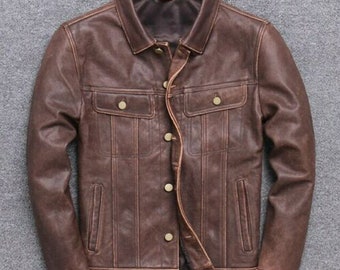 Mens Motorcycle Distressed Brown Collared Trucker Genuine Leather Button Jacket