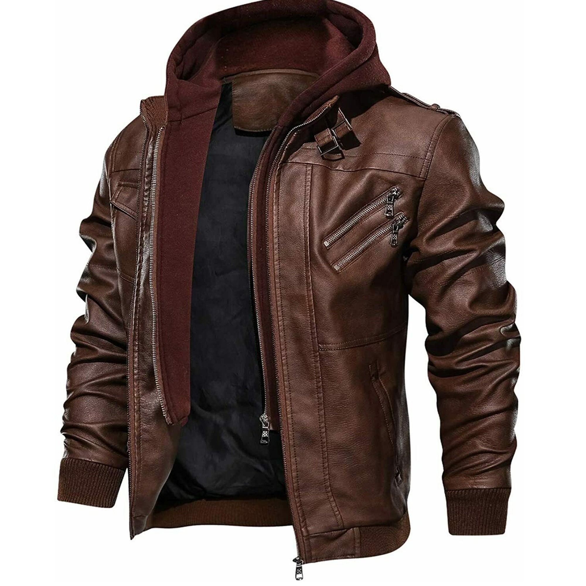 Men's Casual Stand Collar Brown Real Sheep Leather Detachable Hood ...