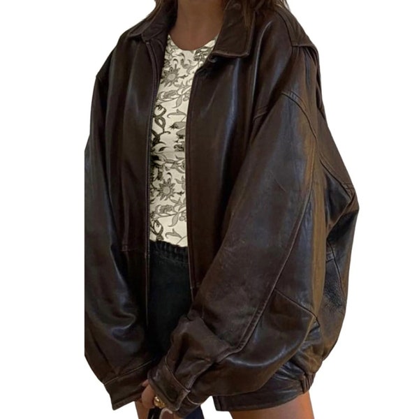 Blouson aviateur marron vintage oversize fait main pour femme en cuir véritable