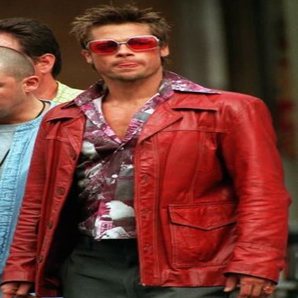 Veste en cuir véritable Brad Pitt Fight Club Manteau FC Veste à boutons rouges