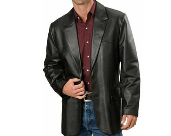 Men's Genuine Lambskin Leather Blazer Jacket Coat Two Button Black Regular Fit Coat