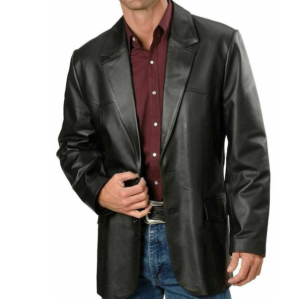 Veste blazer pour homme en cuir d'agneau véritable Manteau noir coupe classique à deux boutons