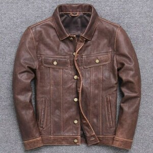 Mens Motorcycle Distressed Brown Collared Trucker Genuine Leather ...