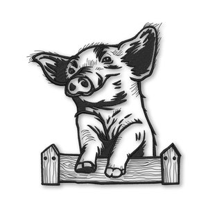 May include: Black and white line art illustration of a piglet peeking over a wooden fence. The piglet is smiling and has a curly tail.