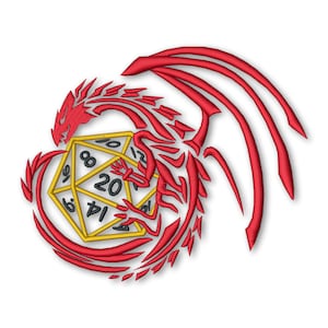 May include: Red embroidered dragon with a 20-sided die in its claws. The die is yellow with black numbers.