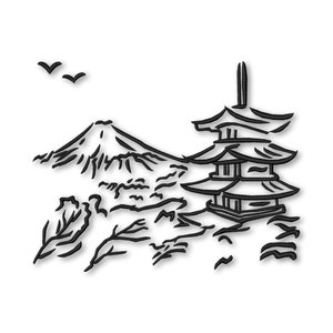 May include: Black and white line drawing of Mount Fuji and a traditional Japanese pagoda. The image is stylized and has a minimalist aesthetic.