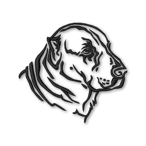 以下が含まれることがあります： 影が後ろにある、右を向いている犬の頭の白黒の線画イラスト