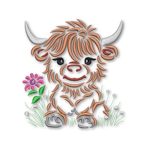 Baby Highland Kuh Blume Stickerei Maschine Design Instant Download Digitale Datei PES Skizze