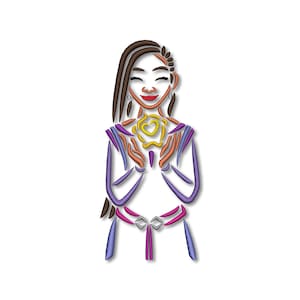 May include: A stylized line drawing of a woman with long brown hair, wearing a purple dress with a pink belt, holding a yellow flower with a heart in the center.