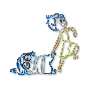 Puede incluir: Una ilustración de arte de línea azul y amarilla de dos personajes de dibujos animados. El personaje de la izquierda está acostado y el personaje de la derecha está de pie y tirando del otro personaje de la mano.