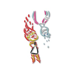 May include: A stylised illustration of two cartoon characters, one red and yellow with flames and the other blue and white with water droplets. The red and yellow character is standing with a black dress and the blue and white character is upside down with a blue teardrop.