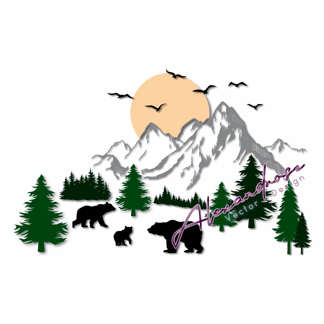 Mountain Landscape With Bear Family Pine Tree Design Instant Download ...