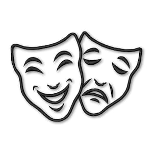 Könnte beinhalten: Schwarz-weiß gesticktes Bild der Komödien- und Tragödienmasken. Die Komödienmaske hat ein breites Lächeln, während die Tragödienmaske einen heruntergezogenen Mund und eine gerunzelte Stirn hat. Die Masken sind schwarz umrandet und vor weißem Hintergrund.