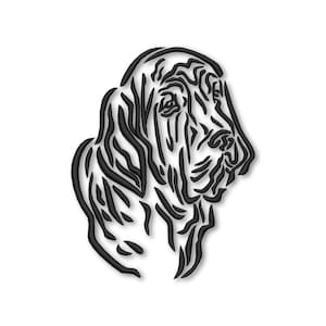 May include: Black and white line art illustration of a Bloodhound dog's head in profile.