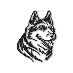 Puede incluir: Ilustración en blanco y negro de línea de arte de la cabeza de un perro husky. El perro está mirando hacia la derecha y tiene la boca abierta en una sonrisa.