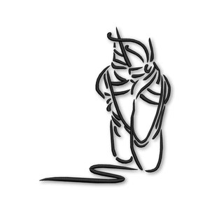 May include: A black and white line drawing of a pair of ballet shoes with a ribbon tied around the ankle.