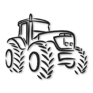 Peut inclure: Illustration en noir et blanc d'un tracteur avec de gros pneus. Le tracteur est de face et a un design simple.