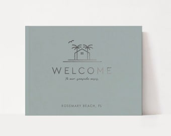 Peut inclure: Une pancarte d'accueil bleu clair avec un graphique argenté d'une maison avec des palmiers et le texte "WELCOME to our seaside oasis, ROSEMARY BEACH, FL".
