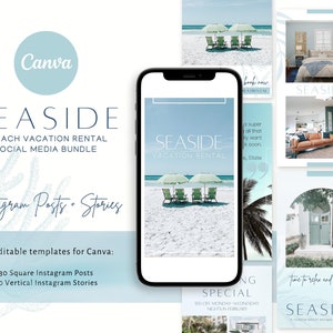 de Réseaux sociaux pour locations de vacances en bord de mer | Articles et histoires Instagram | Modèle de toile | Airbnb | VRBO | Thème Ocean Beach House