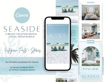 Modèles de médias sociaux de location de vacances en bord de mer | Messages et histoires Instagram | Modèle Canva | Airbnb | VBO | Thème Ocean Beach House