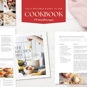 May include: A cookbook cover with a white background and black text. The title is "The Kitchen Bite" with the subtitle "Recipes from our family kitchen". The cover features a photo of a hand holding a whisk over a bowl of batter. The cookbook is fully editable and easy to use, with 34 template pages.