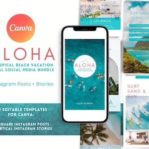 Aloha Beach Vacation Rental Messages et histoires Instagram | Tropical Hawaï Airbnb | Modèle Canva | Forfait hôte | Médias sociaux de l&#39;immobilier