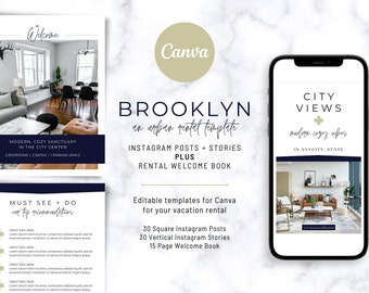 Brooklyn Airbnb Rental Property Templates for Canva | Printable Welcome Book | Instagram Stories & Posts | Modern | Airbnb Host bundle
