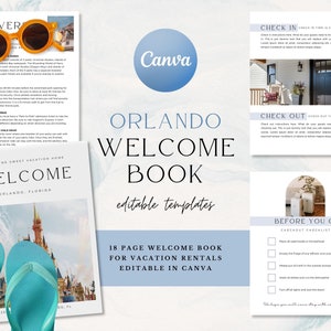 Modello di libro di benvenuto di Orlando per Canva / Libro informativo sulla casa vacanze / Casa vacanze per famiglie in Florida / Guida Airbnb sulla spiaggia / Parchi a tema