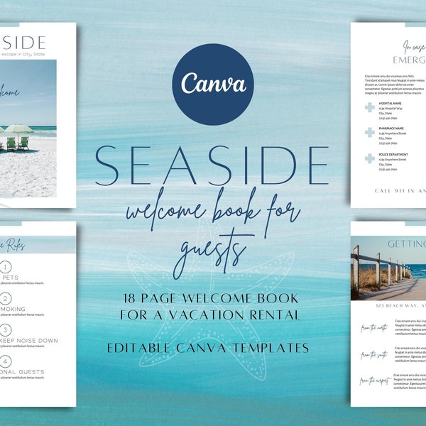 Seaside Beach Vacation Rental Welcome Book | Edit in Canva | Instant Download | Airbnb | Host Bundle | Real Estate Packet | Checklists