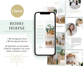 Boho moderne trendy vakantiewoning sociale media-sjablonen | Canva Tempates | Instagram-verhalen en berichten | Airbnb-hostbundel | Palm Springs