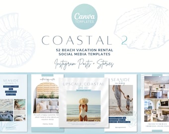 May include: A set of 52 social media templates for beach vacation rentals. The templates feature a coastal theme with images of beaches, seashells, and vacation homes. The text on the templates includes the words "Coastal", "Beach Vacation Rental", "Instagram Posts", and "Stories".