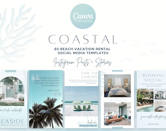 Modèles de médias sociaux Coastal Beach House | Location de vacances à la plage Instagram Stories Posts | Offre groupée marketing AirBnb VRBO | Côte de Floride