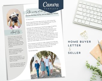 May include: A Canva template for a home buyer letter to a seller. The design includes a photo of a family, a pug, and text. The letter is from the Riley family, expressing their love for the house.