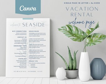 Seaside Welcome Page for Vacation Rentals | Airbnb | Edit in Canva | House Rules | Check Out Instructions | Holiday Rental | Printable Sign