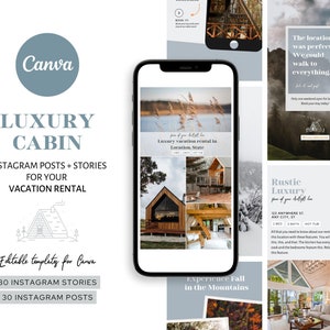 Luxury Cabin and Lake Rental Property Instagram Posts and Stories | Vacation Rental Social Media Posts | Airbnb Rental Templates on Canva